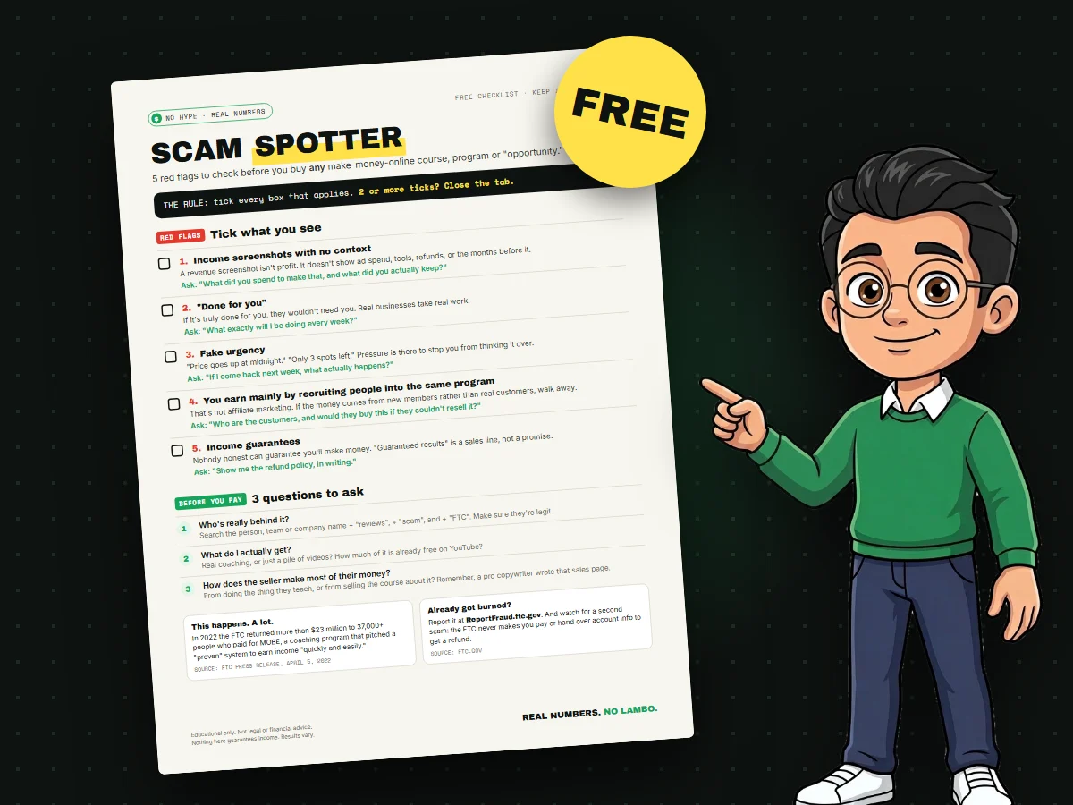 The Scam Spotter checklist with the No Hype Affiliate host pointing at it